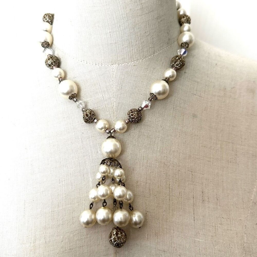 Faux pearl gold toneβcrystal necklace